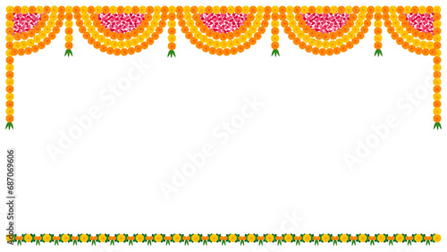 Traditional indian garland marigold toran floral vector wedding and festival decoration,  Diwali decoration Toran border on transparent background PNG photo