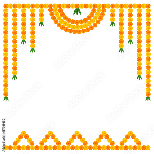 Traditional indian garland marigold toran floral vector wedding and festival decoration, Diwali decoration Toran border on transparent background PNG 5000 x 5000