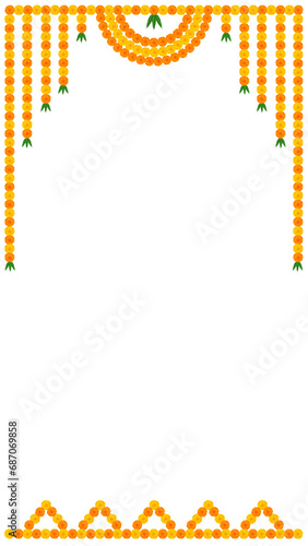 PNG Image Traditional indian garland marigold toran floral vector wedding and festival decoration,  Diwali decoration Toran border on transparent background
