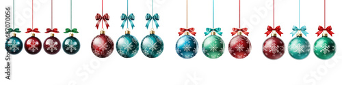 A set of Christmas Baubles in Blue, Red, Green, and Clear Varieties, Adorned with Snowflake Glitter Patterns, Hanging from a Ribbon and Bow Isolated on a transparent Background