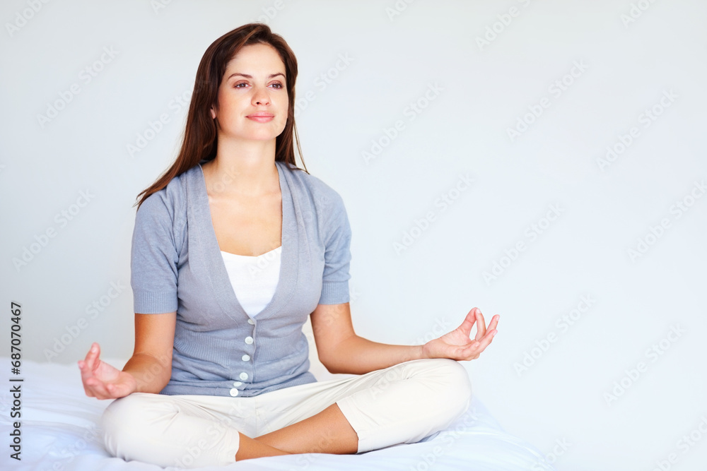 Yoga, meditation and woman with peace in bedroom or spiritual zen in morning from breathing. Calm, lotus and mindfulness exercise in home with person to relax with benefits of self care in mockup Yoga, meditation and woman with peace in bedroom or spiritual zen in morning from breathing. Calm, lotus and mindfulness exercise in home with person to relax with benefits of self care in mockup