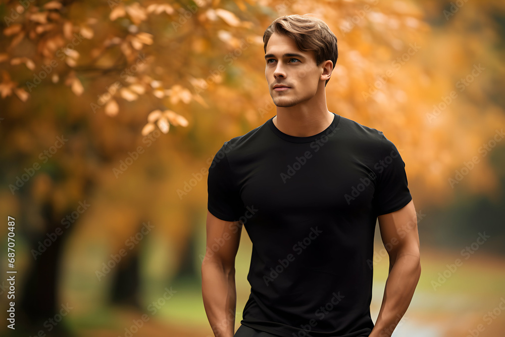 Fototapeta premium Close Up of a Male Model Showcasing a Classic Black Cotton T-shirt Against a Seasonal Background Autumn Elegance