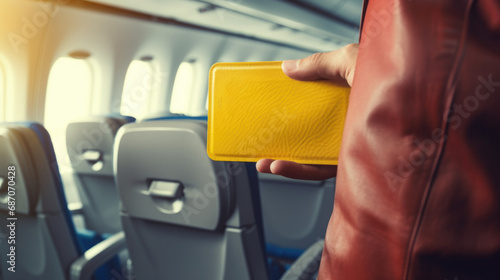 Closeup cutted portrait of a man traveler hand holding yellow wallet mockup, he stands inside of a airplane with blurred seats and windows background