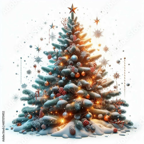 Merry Christmas tree design.Pine Santa Snow Lights Gifts Baubles Star Ornaments for Holiday Celebration Decorations.December Winter Season Family Joy Tradition Festive Festivity Evergreen Green Decor.