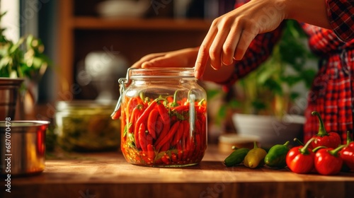 Woman making homemade pickling and putting red chili pepper in a glass jar photo