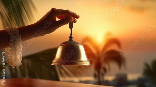 Woman hand holding golden bell on a seaside background on sunrise photo