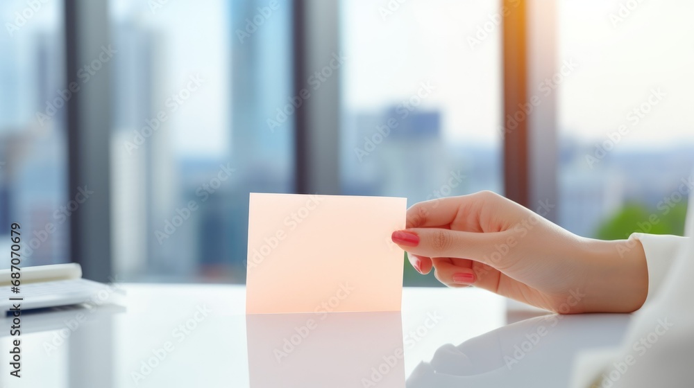 Closeup woman hand holding white blank paper on an office background Closeup woman hand holding white blank paper on an office background