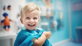 Closeup of a baby boy sitting in a clinic room and happily smiling at a camera