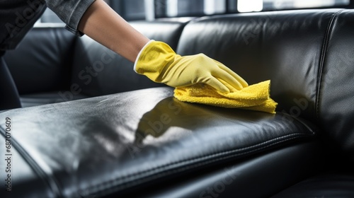 Closeup woman hand in yellow glove cleaning black leather sofa