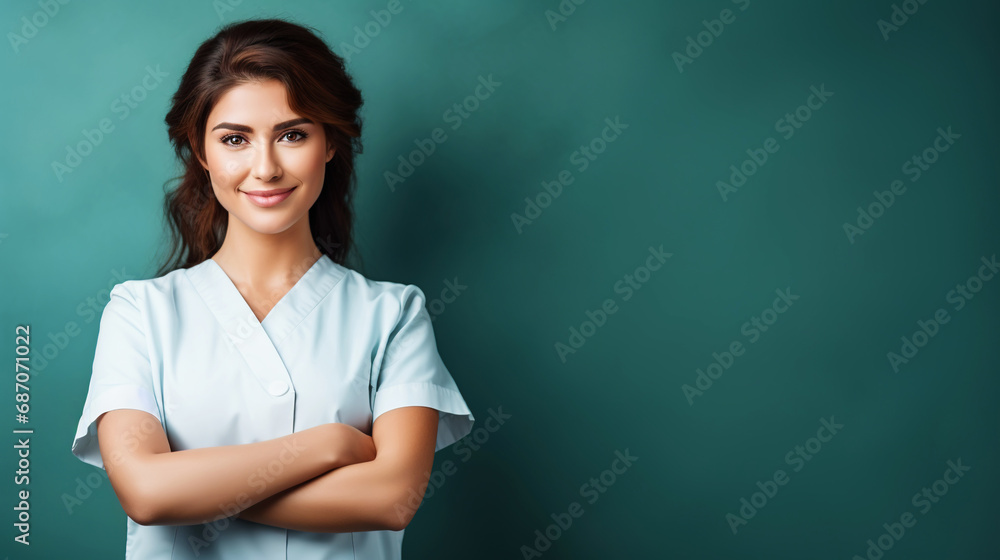 Beautiful female healthcare worker. Doctor or nurse in white coat. Medical concept. Generative AI Beautiful female healthcare worker. Doctor or nurse in white coat. Medical concept. Generative AI