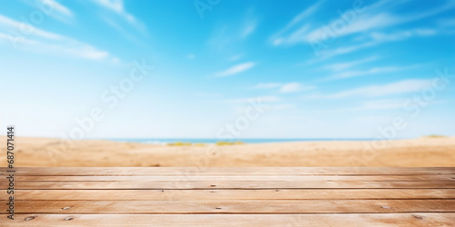 Wood table mockup with blue soft sky background. Empty copy space for product presentation. Generative AI
