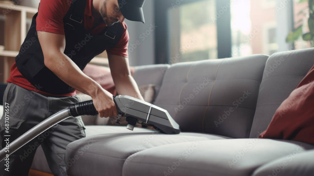 Service worker cleaning the sofa with vacuum cleaner - obrazy, fototapety, plakaty 