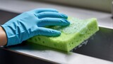 Closeup woman hand in blue glove washing washbasin with sponge