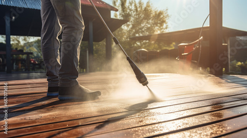 Man cleaning the terrace wooden floor with high pressure cleaner photo