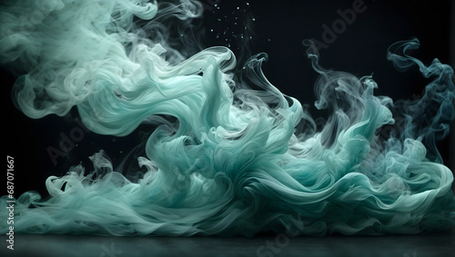 An intricately flowing smoke stream in serene aquamarine hues, winding and weaving gracefully against a black background, evoking a sense of fluidity and grace.