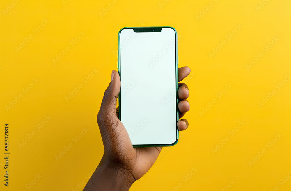 hands holding a blank smartphone in front of a yellow background - obrazy, fototapety, plakaty 
