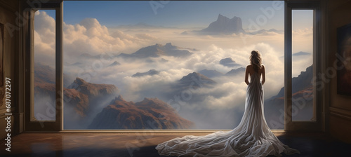 Princess standing alone one the edge of a high castle balcony in a beautiful elegant gown dress, looking out at the distant highland mountain valley landscape and waiting for her love to return.