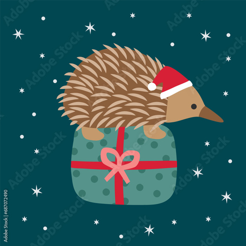 Cute Vector Echidna Hedgehog Christmas Xmas Santa Hat Present Happy Joy Stars Green Red Australian Animals