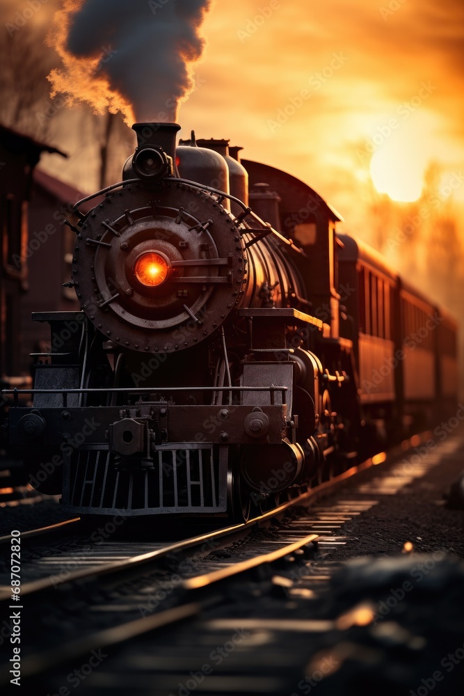 Naklejka premium A steam engine train traveling down train tracks. Generative AI.