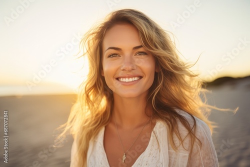 A beautiful woman standing on top of a sandy beach. Generative AI. © serg3d