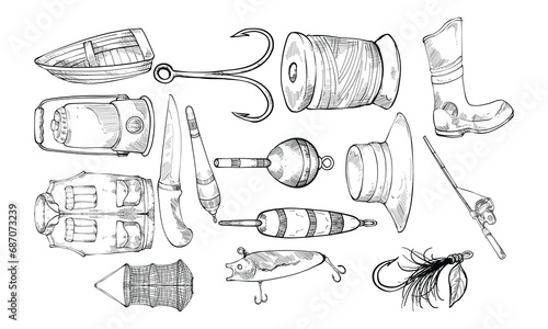 fishing tools handdrawn collection