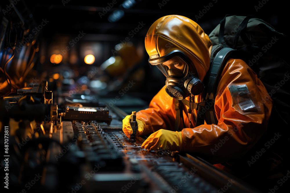 A professional industrial worker in protective orange gear is working attentively with machinery inside a factory setting. A professional industrial worker in protective orange gear is working attentively with machinery inside a factory setting.