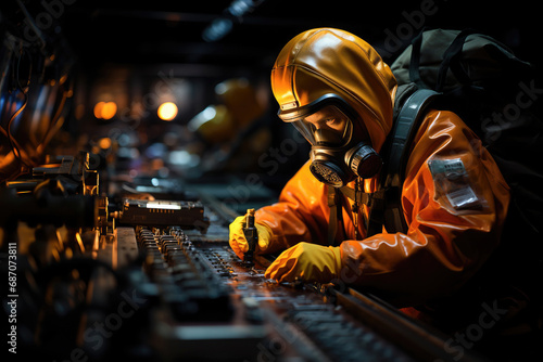 A professional industrial worker in protective orange gear is working attentively with machinery inside a factory setting. photo