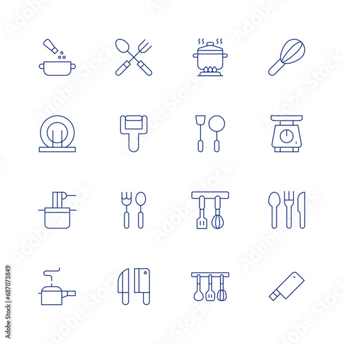 Utensil line icon set on transparent background with editable stroke. Containing spices, dish rack, pasta, pressure cooker, cutlery, peeler, knives, pot, cooking, utensil, kitchen scale, knife.