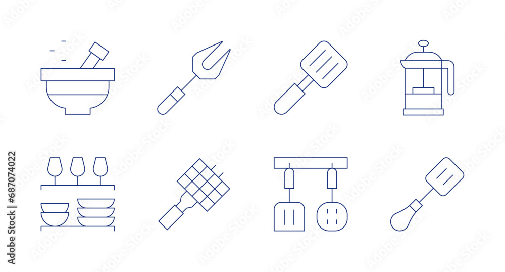 Utensil icons. Editable stroke. Containing mortar, kitchen cabinet, fork, grill, cooker, french press, kitchen utensils, spatula.