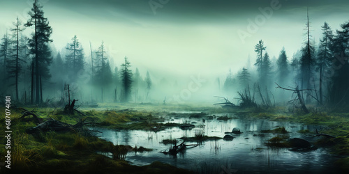 Swamp with trees in misty fog at sunrise. Tranquil, moody landscape. Generative AI
