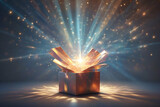 Open gift box with bright rays of light