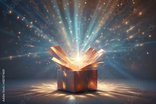 Open gift box with bright rays of light photo
