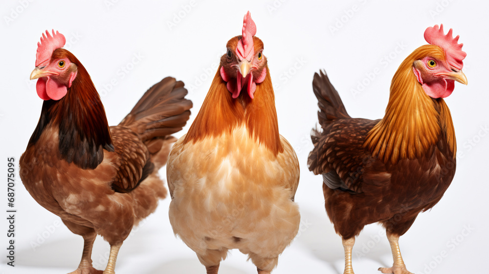 Fototapeta premium Three chickens isolated background, AI Generative.