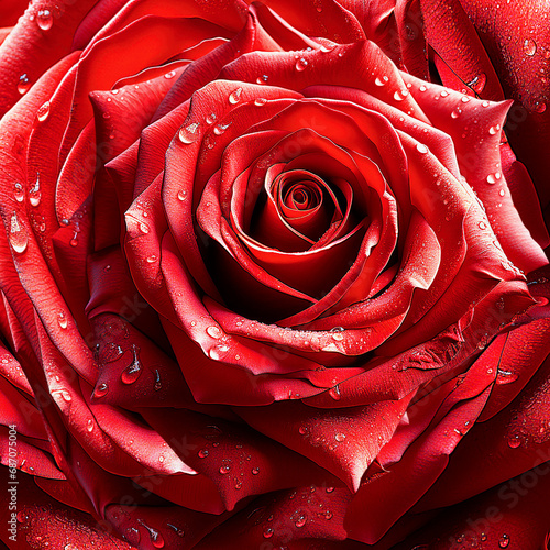 Close up of red roses bloom with petals and dew drops