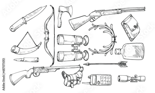 hunting equipment handdrawn collection