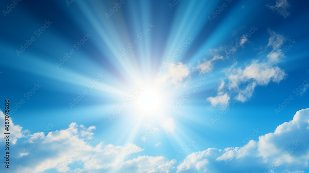 Sun in blue sky. Warm solar lens flare in clear skies