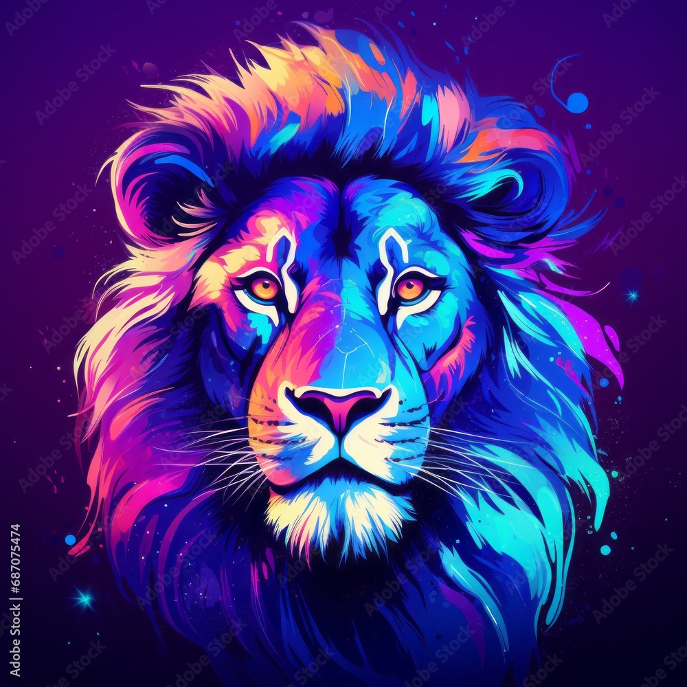 The Majestic King of the Jungle. A Vibrant Lion's Face on a Regal Purple Canvas