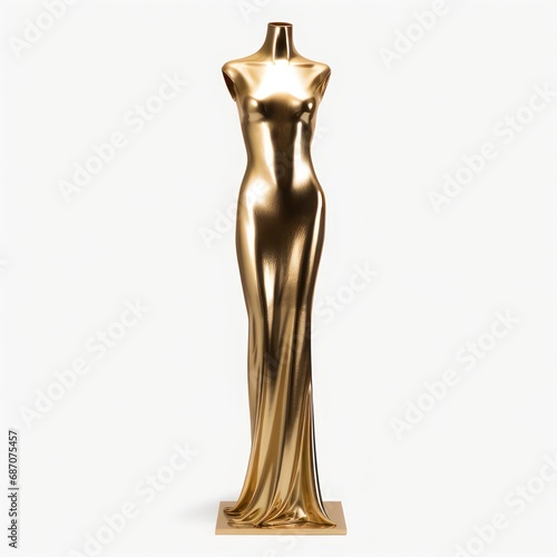 Golden female Posing Fashion Statue Mannequin isolated on a white background. The concept of awards ceremony.