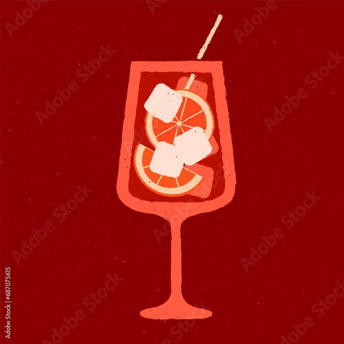 Alcohol drink with grapefruit and ice cubes. Cold drink with citrus fruits. Red refreshing cocktail in glass on a stem. Vector flat illustration with texture. Bright beveridge mulled wine with a straw