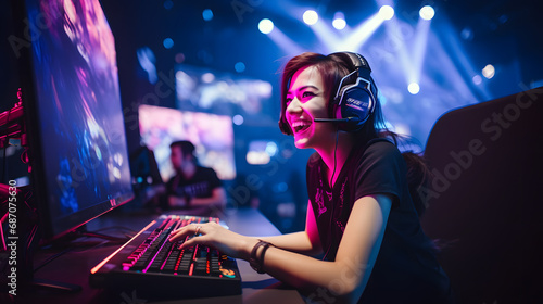 Esports and online gaming- Woman live streaming her video game session. generative ai.