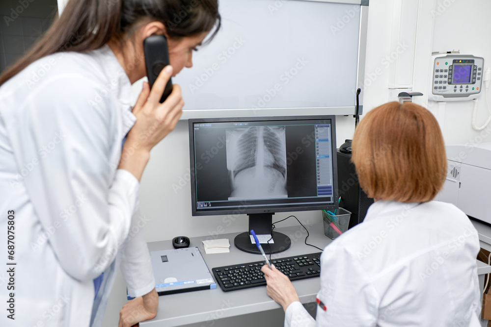 Chest, lung x ray on a doctor's computer screen on a desk