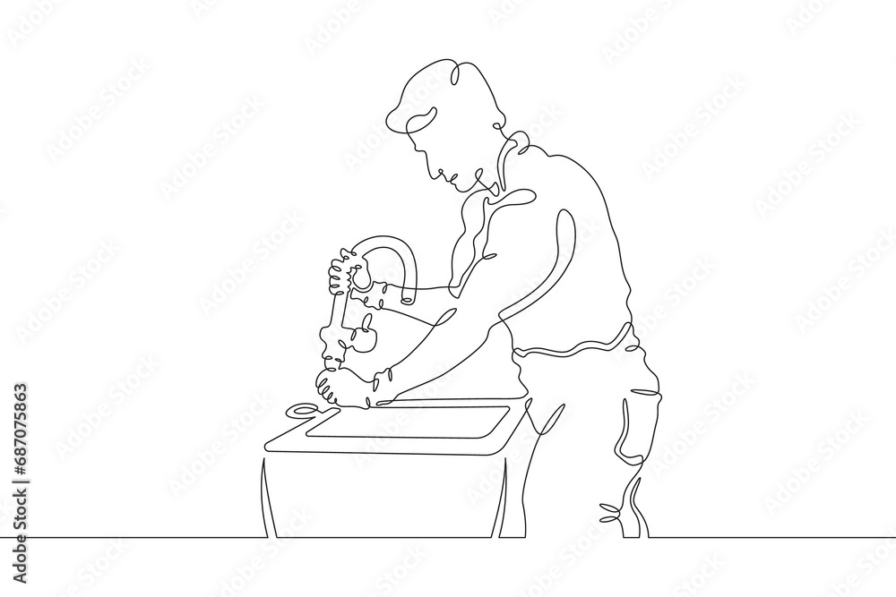 Plumber in work clothes. Mechanic with a tool. Handyman. Wrench. Repair. One continuous line drawing. Linear. Hand drawn, white background. One line.