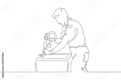 Plumber in work clothes. Mechanic with a tool. Handyman. Wrench. Repair. One continuous line drawing. Linear. Hand drawn, white background. One line.