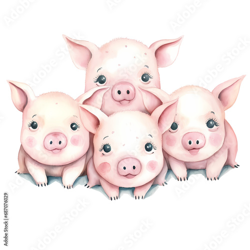 Cute Pigs Group Watercolor Clipart Illustration