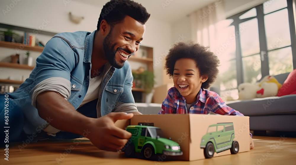 Father, son and playing at home with pretend car in a box on moving day in new property. Black family, house and real estate move of a dad and child together with play driving and fun . generative ai. - obrazy, fototapety, plakaty 