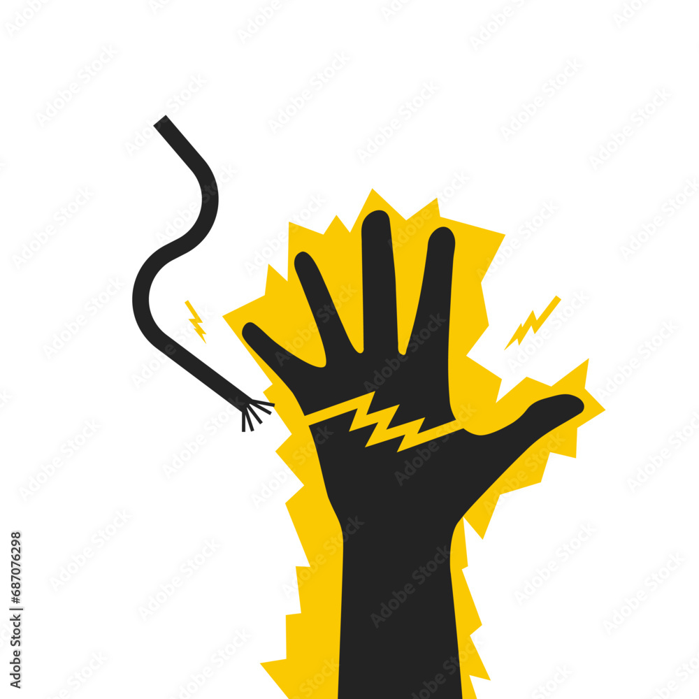 Isolated vector isolated of danger precaution sign high voltage electric shock, with illustration man electrocuted with lightning electric symbol when touch wire, industrial alert sign template Isolated vector isolated of danger precaution sign high voltage electric shock, with illustration man electrocuted with lightning electric symbol when touch wire, industrial alert sign template