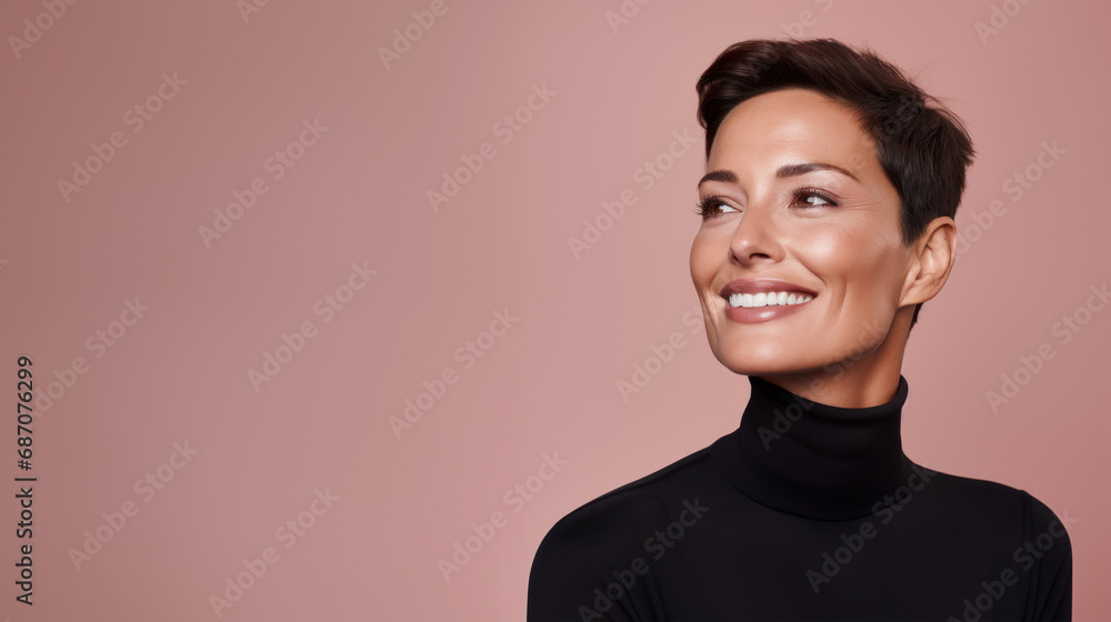 Beautiful middle aged women with short brown hair. Skincare or fashion campaign concept. With copy space. Beautiful middle aged women with short brown hair. Skincare or fashion campaign concept. With copy space.