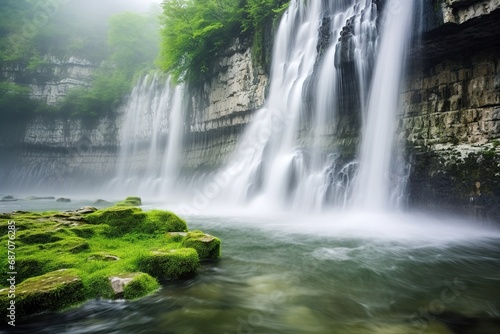 close-up of waterfall mist hitting surrounding rocks