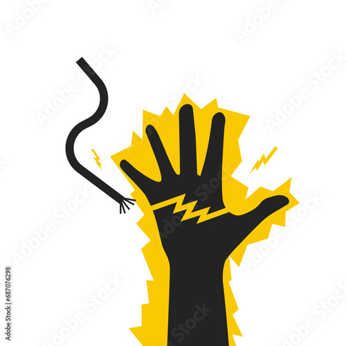 Isolated vector isolated of danger precaution sign high voltage electric shock, with illustration man electrocuted with lightning electric symbol when touch wire, industrial alert sign template