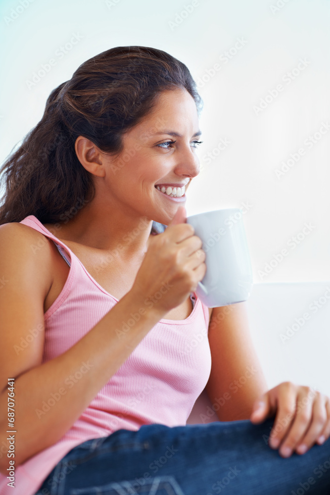 Thinking, coffee break and woman relax house happy, resting or enjoying peaceful moment, day off or me time. Face, smile and female person in a living room with tea, calm or weekend freedom chilling Thinking, coffee break and woman relax house happy, resting or enjoying peaceful moment, day off or me time. Face, smile and female person in a living room with tea, calm or weekend freedom chilling